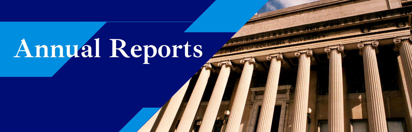 Annual Reports written on blue background with Image of Low Library columns