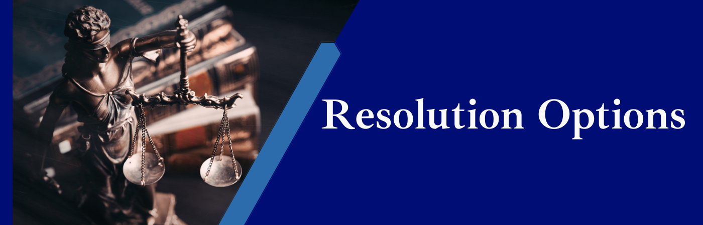 Image of Bronze scales of justice and Resolution Options written on a blue background.